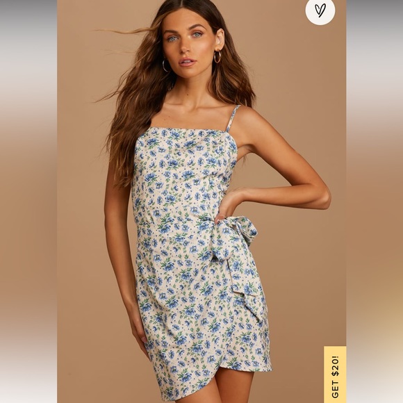 Lulu’s Love You Deeply Cream Floral Print Satin Faux Wrap Mini Dress size L - Picture 1 of 5